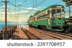 Japan train or tram on railroad crossing with sea in the background. Japanese translation meaning Kamakura.