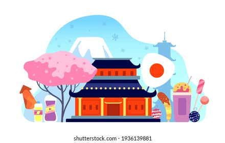 Japan travel background. Japanese summer landscape, travelling landmarks and festival elements. Asian tourism, flat abstract utter vector banner