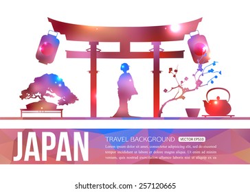 Japan travel background with shining sightseeings and symbols. Vector illustration.