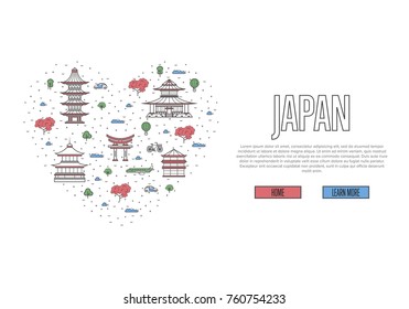 Japan travel. Banner advertising adventure tour to Japan. Japanese attraction on shape of heart on white background. Travel vector illustration
