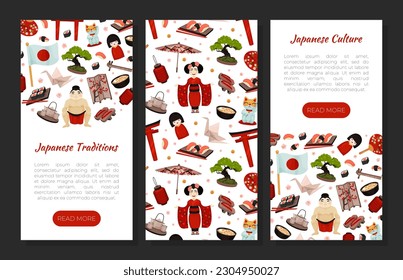 Japan Travel Banner Design with Traditional Symbols Vector Template