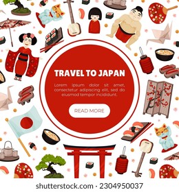 Japan Travel Banner Design with Traditional Symbols Vector Template