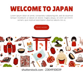 Japan Travel Banner Design with Traditional Symbols Vector Template