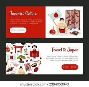 Japan Travel Banner Design with Traditional Symbols Vector Template