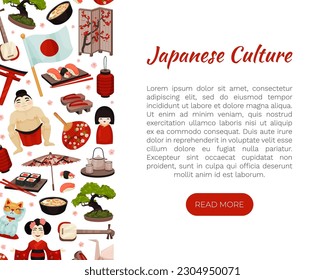 Japan Travel Banner Design with Traditional Symbols Vector Template