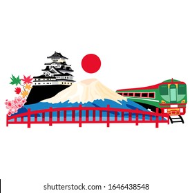  Japan travel banner with famous Japanese landmarks and tradition. Web banner, poster, isolated on white background, illustration, vector.