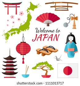 Japan travel banner with icons, souvenirs, design elements and famous japanese symbols. Vector illustration in flat style with inscription: Welcome to Japan.