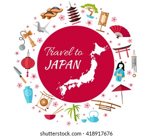 Japan travel banner with icons, souvenirs, design elements and famous Japanese symbols. Vector illustration in flat style with inscription: " Travel to Japan".