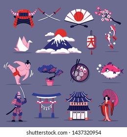 Japan travel cartoon set of elements of national cuisine culture tradition and landmarks  flat vector illustration