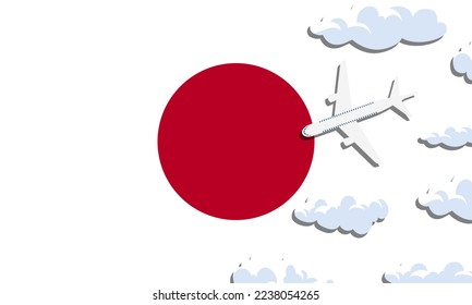 Japan travel concept. Airplane with clouds on the background of the flag of Japan. Vector illustration