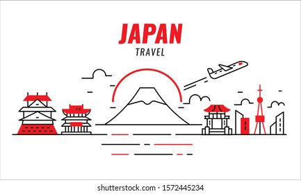 Japan travel concept. Airplane flying and japan landscape in the background. Thin line design elements. vector illustration