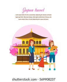 Japan travel concept. Family travel, familiarity with the culture, language, nature, the atmosphere, sights and traditions of the state. Vector illustration. Can be used for poster, invitation.