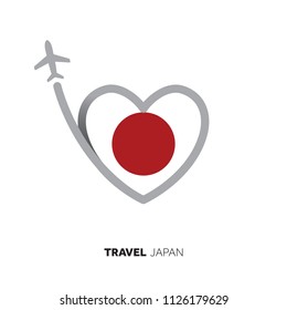 Japan travel concept. Heart shape flag with airplane