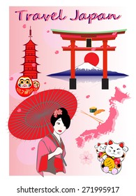 Japan travel concept with japan icon lucky cat japanese maneki neko daruma mountain fuji, vector eps 10