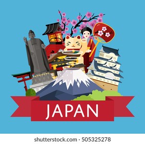 Japan travel concept with Japan landmarks vector. Adventure in Japan. Famous Japan travel places