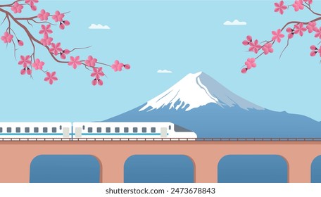 Japan travel concept Mount Fuji train passing view vector illustration.