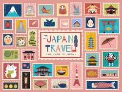 Japan Travel Concept Stamp, Lovely Japanese Traditional Symbols In Stamp Form, Colorful Flat Design