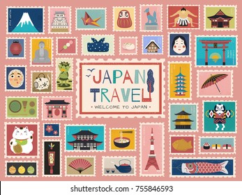 Japan Travel concept stamp, lovely japanese traditional symbols in stamp form, colorful flat design