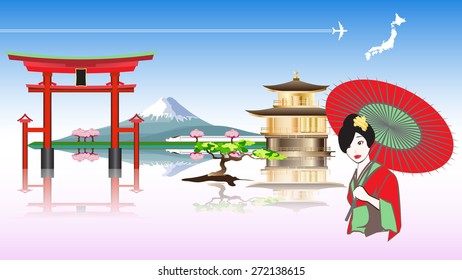 Japan travel concept with women in kimono mountain fuji speed train golden  pavilion red gate and sakura , vector eps 10