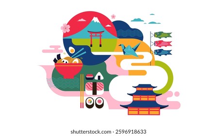 Japan Travel and Culture Background. Traditional Japanese Landmarks, Food, and Symbols. Vector Illustration..