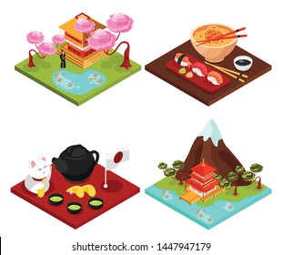 Japan travel culture food concept 4 isometric compositions with mountain sakura temple tea ceremony isolated vector illustration  