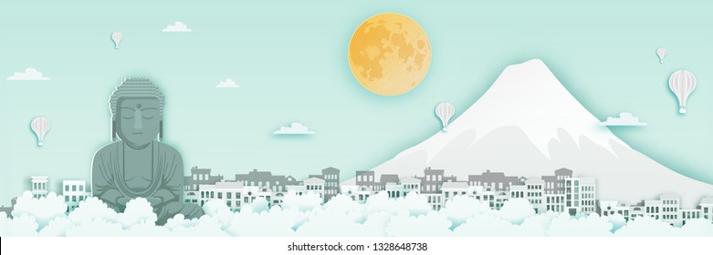 Japan travel destination background, flat cartoon and paper art landmarks concept.