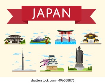 Japan travel destination. Japanese architectural landmark, presentation lettering ribbon. Cultural tour. Vacation in oriental country. Worldwide traveling vector illustration. Japan travel visit.
