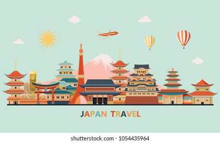 Japan travel. Japan detailed skyline. Travel and tourism background. Vector illustraion