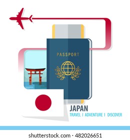 Japan  Travel, Discover, Adventure - Most Famous Landmark in country - airplane logo - Country Flag - Passport and Boarding pass - in flat style.