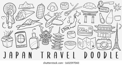 Japan Travel Doodle Line Art Illustration. Hand Drawn Vector Clip Art. Banner Set Logos.