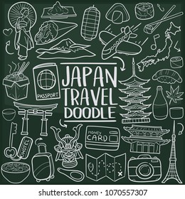 Japan Travel Doodle Line Icon Chalkboard Sketch Hand Made Vector Art.