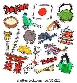 Japan Travel Elements with Architecture and Sushi. Vector Doodle