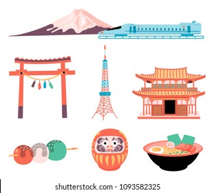 Japan travel elements set with Fuji mountain and Shinkansen train, tokyo tower, temple, dango dessert, daruma doll, and ramen, all in colorful flat style, isolated on white background