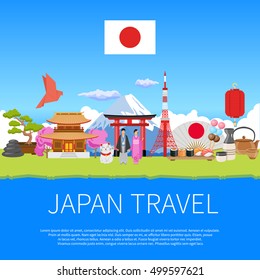 Japan travel flat advertisement flyer  with national cultural symbols landmarks and places of interest composition poster vector illustration  