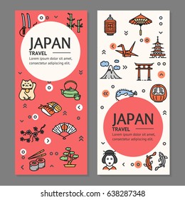 Japan Travel Flyers Placrad Banners Vertical Set witch Outline Icons Symbol of Oriental Tourism. Vector illustration