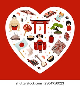 Japan Travel Heart Composition Design with Traditional Symbols Vector Template
