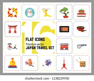 Japan Travel Icon Set. Fuji Mountain Japanese Rickshaw Miso Soup Japanese Macaque Japanese Kite Buddha Statue Tokyo Skytree Tower Yasaka Shrine Sashimi Sushi Set Torii Gate Heijo-kyo