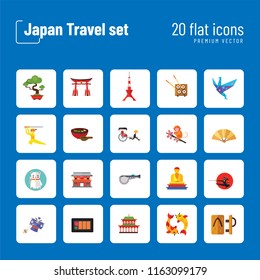 Japan Travel Icon Set. Fuji Mountain Japanese Rickshaw Miso Soup Japanese Macaque Japanese Kite Buddha Statue Tokyo Skytree Tower Yasaka Shrine Sashimi Sushi Set Torii Gate Heijo-kyo