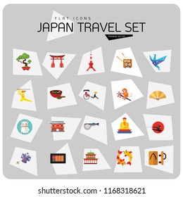 Japan Travel Icon Set. Fuji Mountain Japanese Rickshaw Miso Soup Japanese Macaque Japanese Kite Buddha Statue Tokyo Skytree Tower Yasaka Shrine Sashimi Sushi Set Torii Gate Heijo-kyo