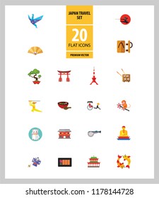 Japan Travel Icon Set. Fuji Mountain Japanese Rickshaw Miso Soup Japanese Macaque Japanese Kite Buddha Statue Tokyo Skytree Tower Yasaka Shrine Sashimi Sushi Set Torii Gate Heijo-kyo