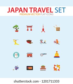 Japan Travel Icon Set. Fuji Mountain Japanese Rickshaw Miso Soup Japanese Macaque Japanese Kite Buddha Statue Tokyo Yasaka Shrine Sashimi Sushi Set Torii Gate Heijo-kyo