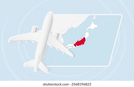 Japan Travel Illustration with Plane and National Flag. Ideal for travel agencies, promotional materials, or geographic content related to Japan.