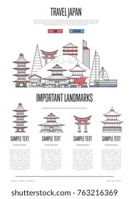 Japan travel infographics with most important architectural attractions in trendy linear style. Japanese national landmarks on white background. Worldwide traveling and journey vector concept.