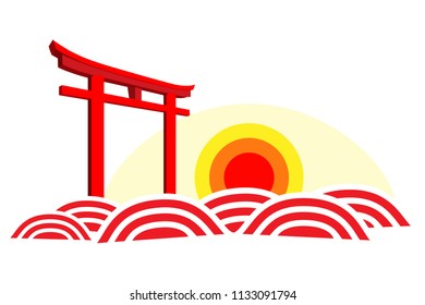 japan travel itsukushima element icon with wave and sunrise design,vector 