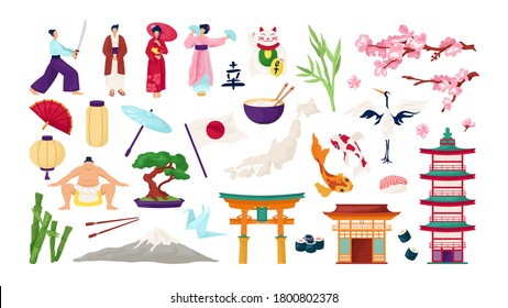 Japan travel and japanese culture set of isolated vector illustrations. Traditional symbols of Japanese architecture, torii gate, sakura, geisha and samurai. Lantern, fuji, sushi and koi carps.