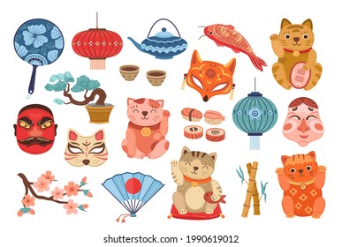 Japan travel. Japanese journey elements, asian landmarks. Flat cute neko cats, mask and mountain. Blossom sakura, culture exact vector collection