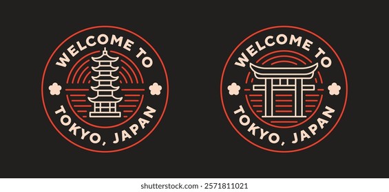 Japan travel logo. Welcome to Japan. Neon style, editable stroke. Thin vector icon set