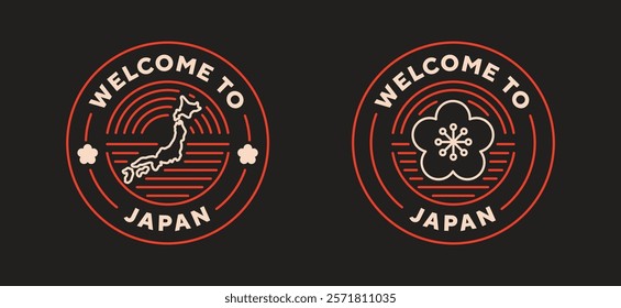 Japan travel logo. Welcome to Japan. Neon style, editable stroke. Thin vector icon set