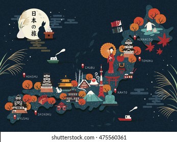 Japan travel map, attractive landmarks and culture elements