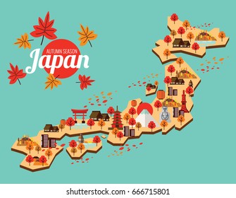 Japan Travel Map. Autumn season in japan. flat design elements. vector illustration